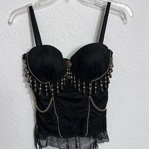 Handcrafted Boutique Festival Black Lace Bustier Padded Underwire Antique Brass